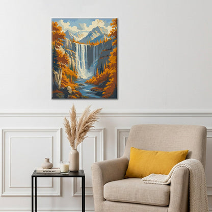 Cascada en las montañas de otoño – Pintura por números