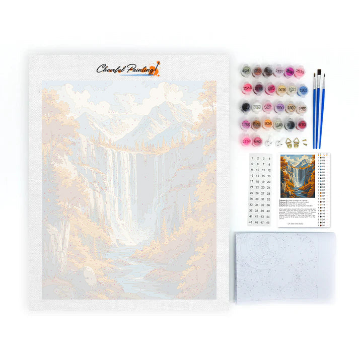 Cascada en las montañas de otoño – Pintura por números