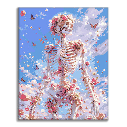 Esqueleto floral bajo un cielo azul – Pintura por números