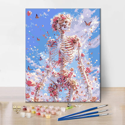 Esqueleto floral bajo un cielo azul – Pintura por números