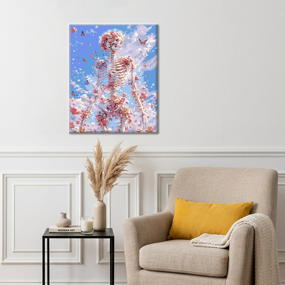 Esqueleto floral bajo un cielo azul – Pintura por números