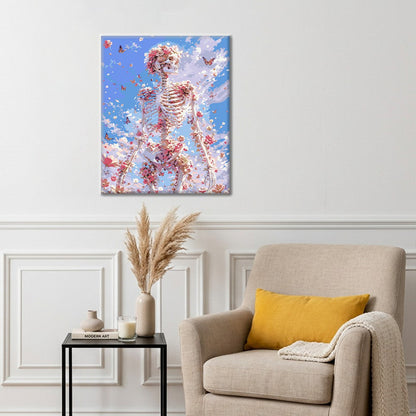 Esqueleto floral bajo un cielo azul – Pintura por números