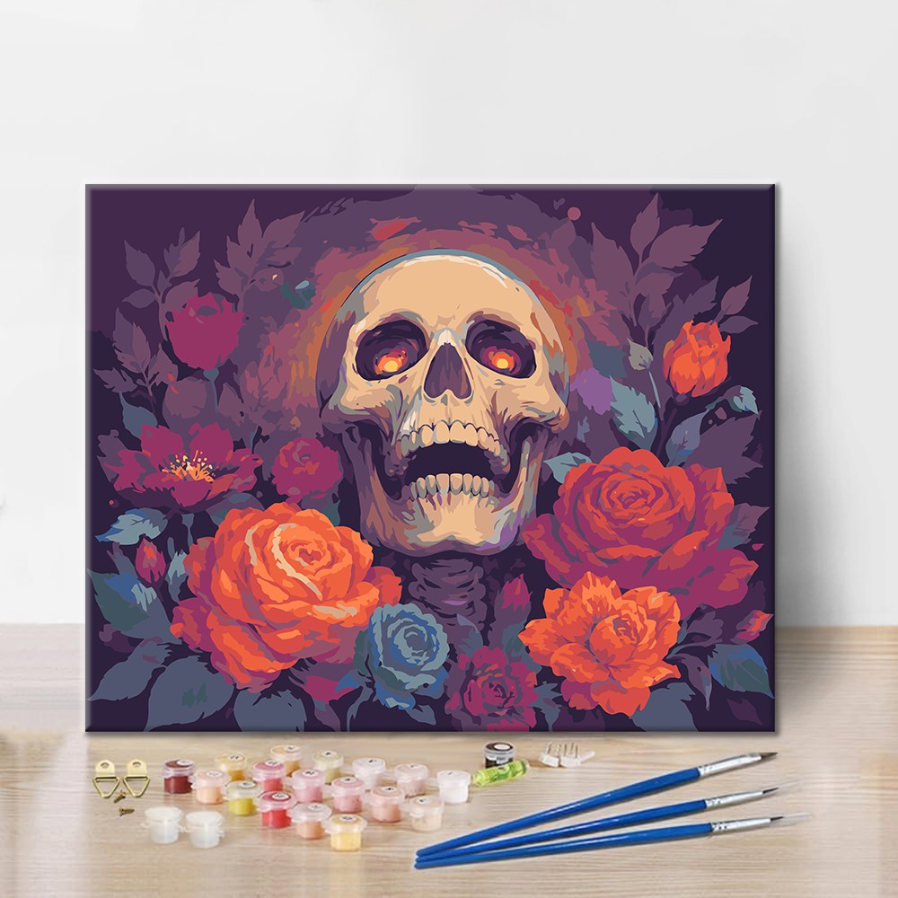 Calavera con rosas de otoño – Pintura por números