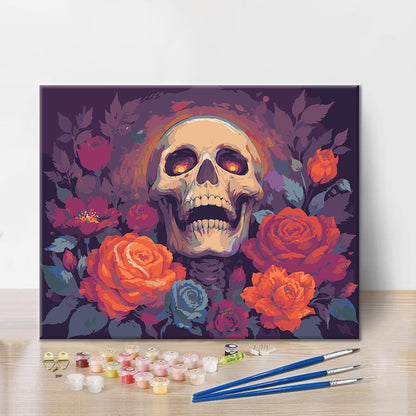 Calavera con rosas de otoño – Pintura por números