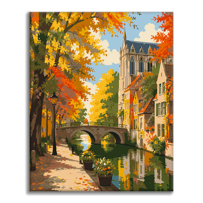 Canal de otoño y torre de la iglesia – Pintura por números