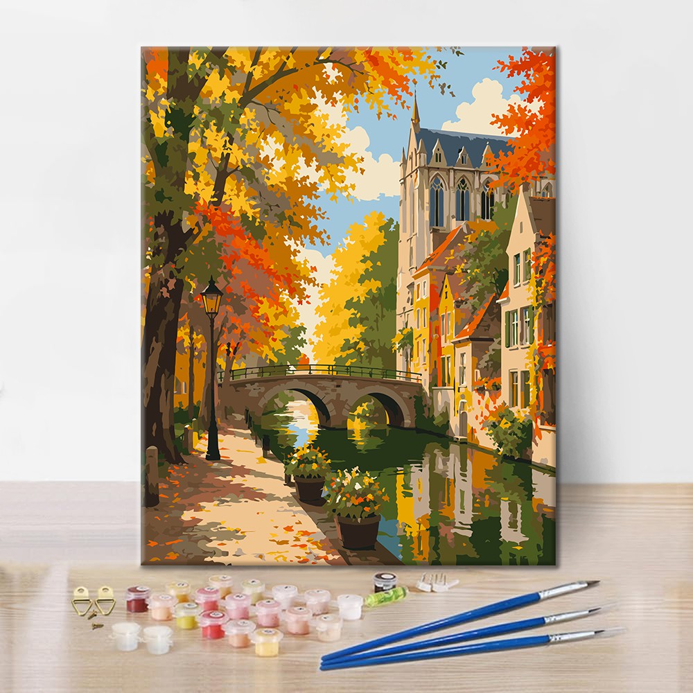 Canal de otoño y torre de la iglesia – Pintura por números