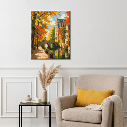 Canal de otoño y torre de la iglesia – Pintura por números