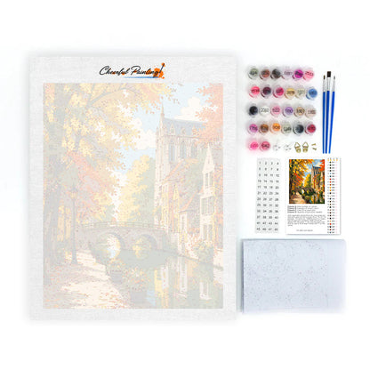Canal de otoño y torre de la iglesia – Pintura por números