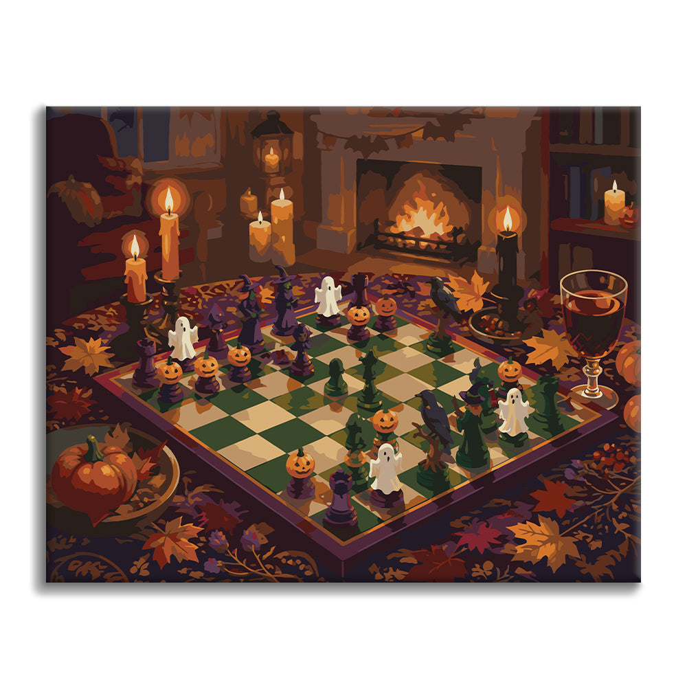 Ajedrez de Halloween junto a la chimenea – Pintura por números