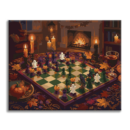 Ajedrez de Halloween junto a la chimenea – Pintura por números