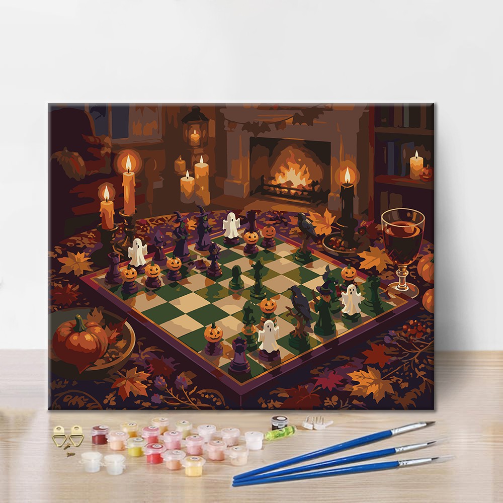 Ajedrez de Halloween junto a la chimenea – Pintura por números