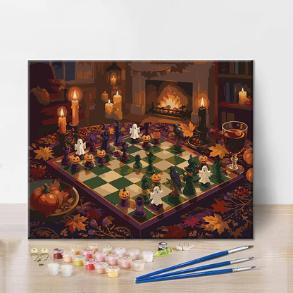 Ajedrez de Halloween junto a la chimenea – Pintura por números