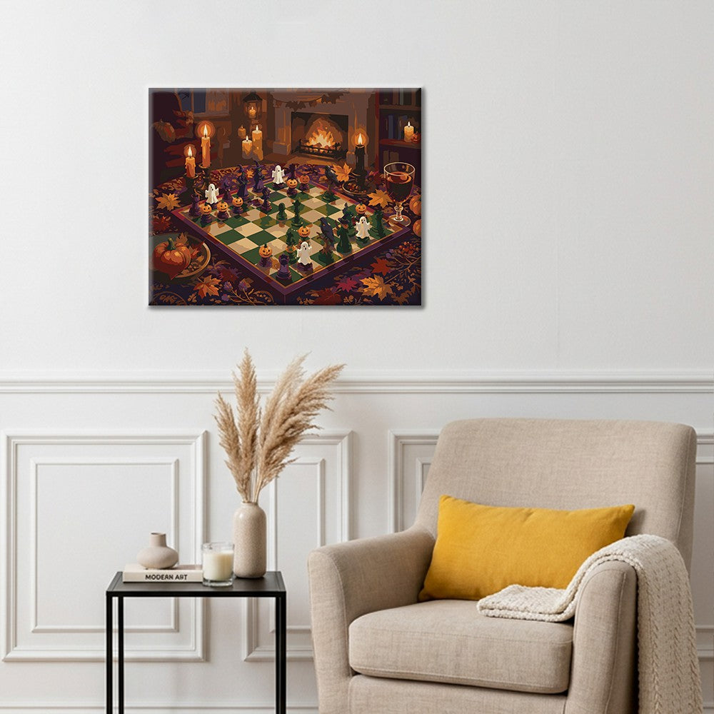 Ajedrez de Halloween junto a la chimenea – Pintura por números