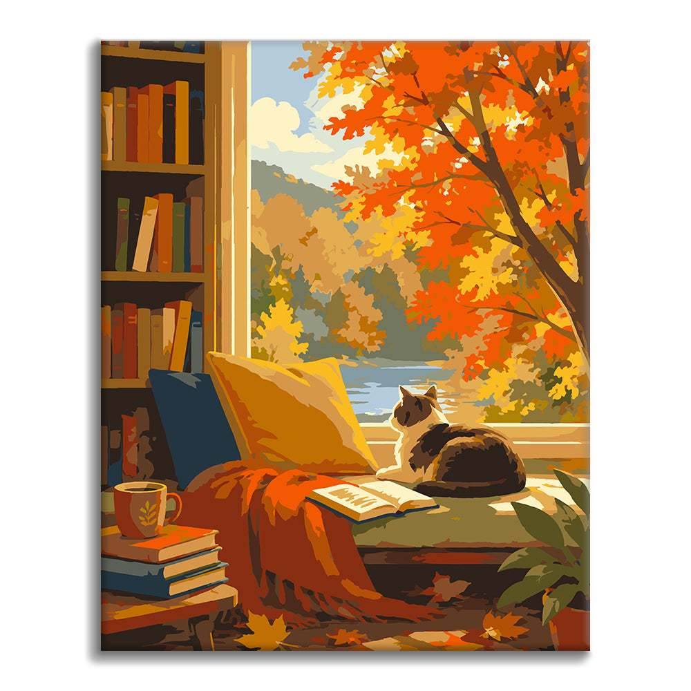 Gato en un rincón de lectura iluminado por el sol – Pintura por números