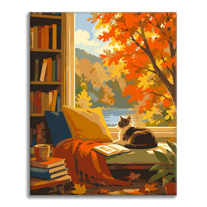 Gato en un rincón de lectura iluminado por el sol – Pintura por números