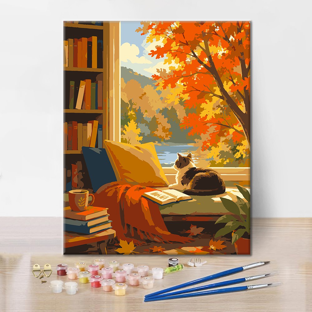 Gato en un rincón de lectura iluminado por el sol – Pintura por números