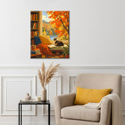 Gato en un rincón de lectura iluminado por el sol – Pintura por números