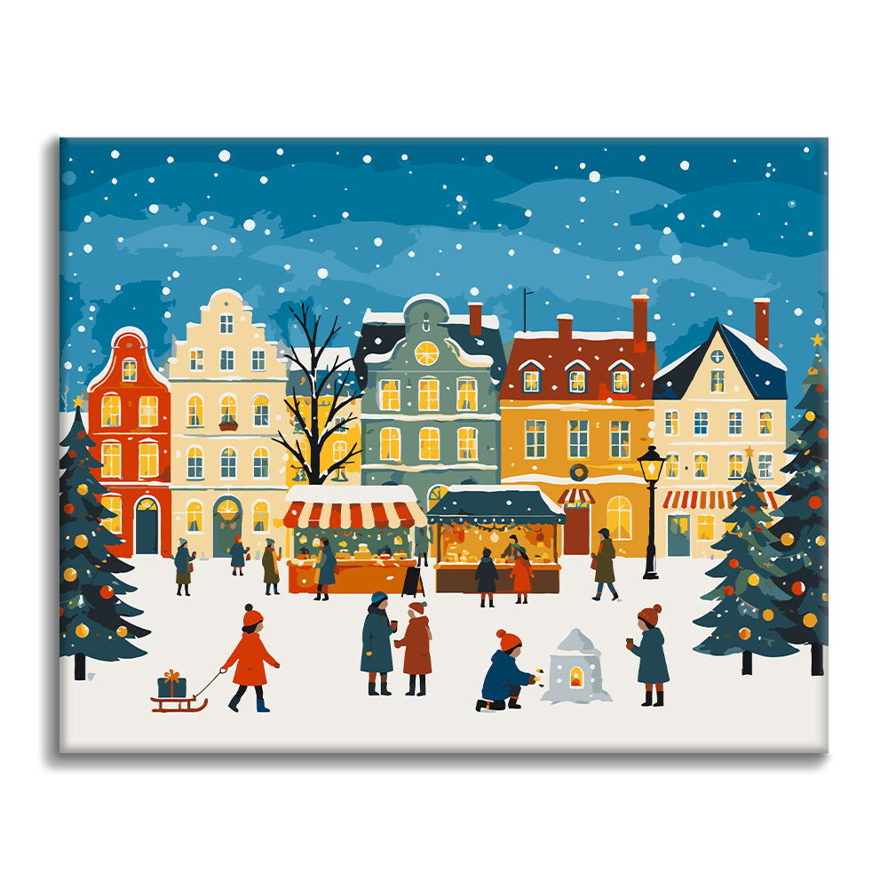 Nieve en la plaza del mercado navideño – Pintura por números