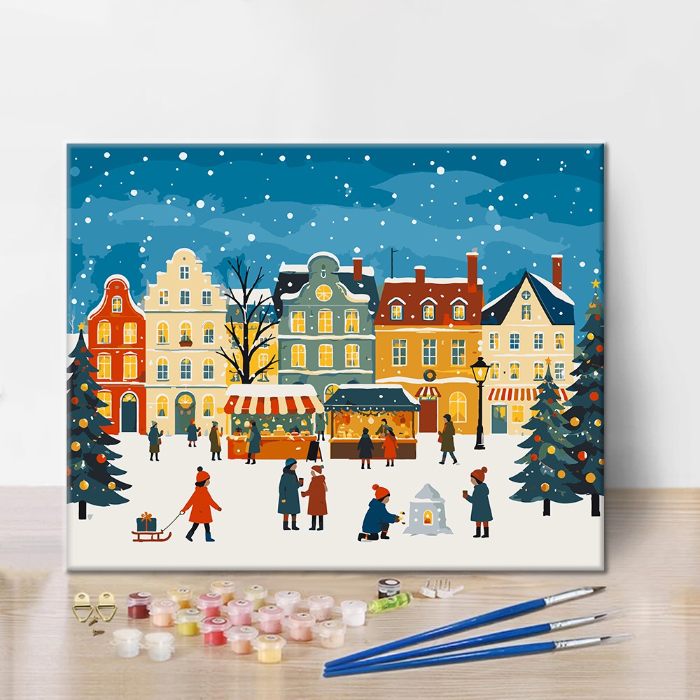 Nieve en la plaza del mercado navideño – Pintura por números