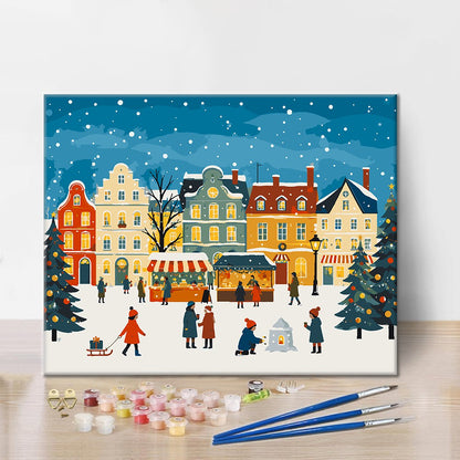 Nieve en la plaza del mercado navideño – Pintura por números