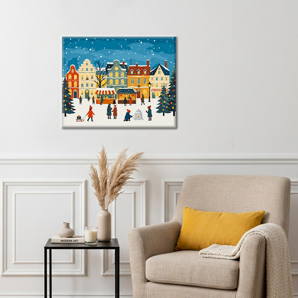Nieve en la plaza del mercado navideño – Pintura por números