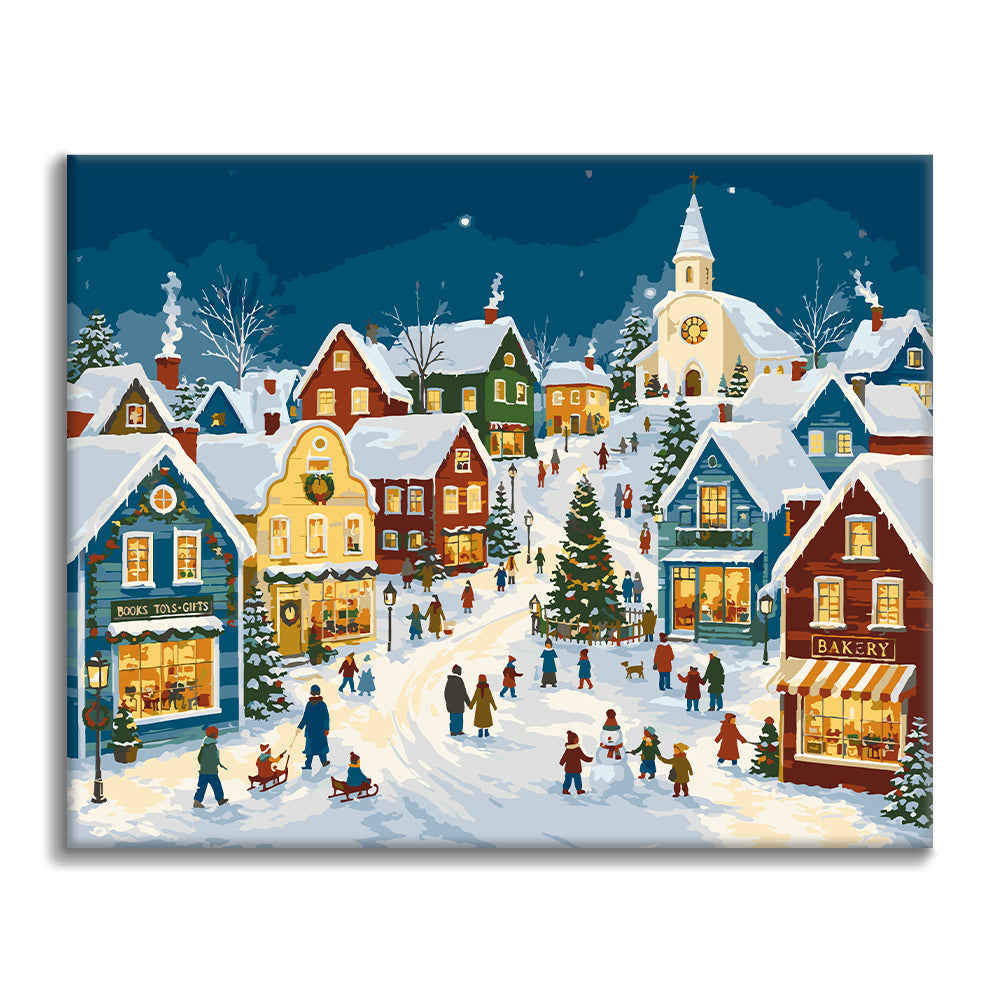 Pueblo navideño nevado – Pintura por números