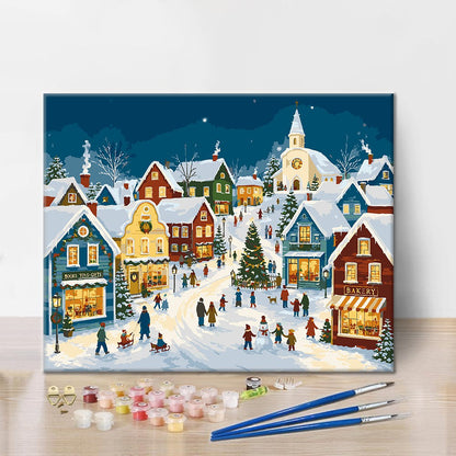 Pueblo navideño nevado – Pintura por números
