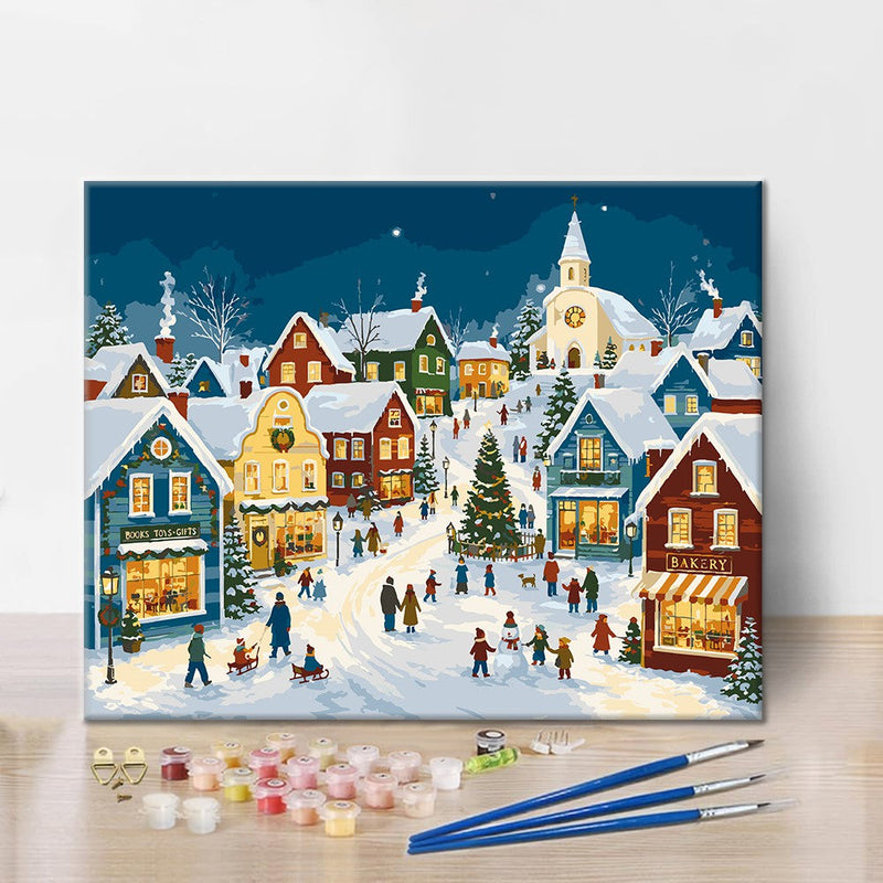 Pueblo navideño nevado – Pintura por números