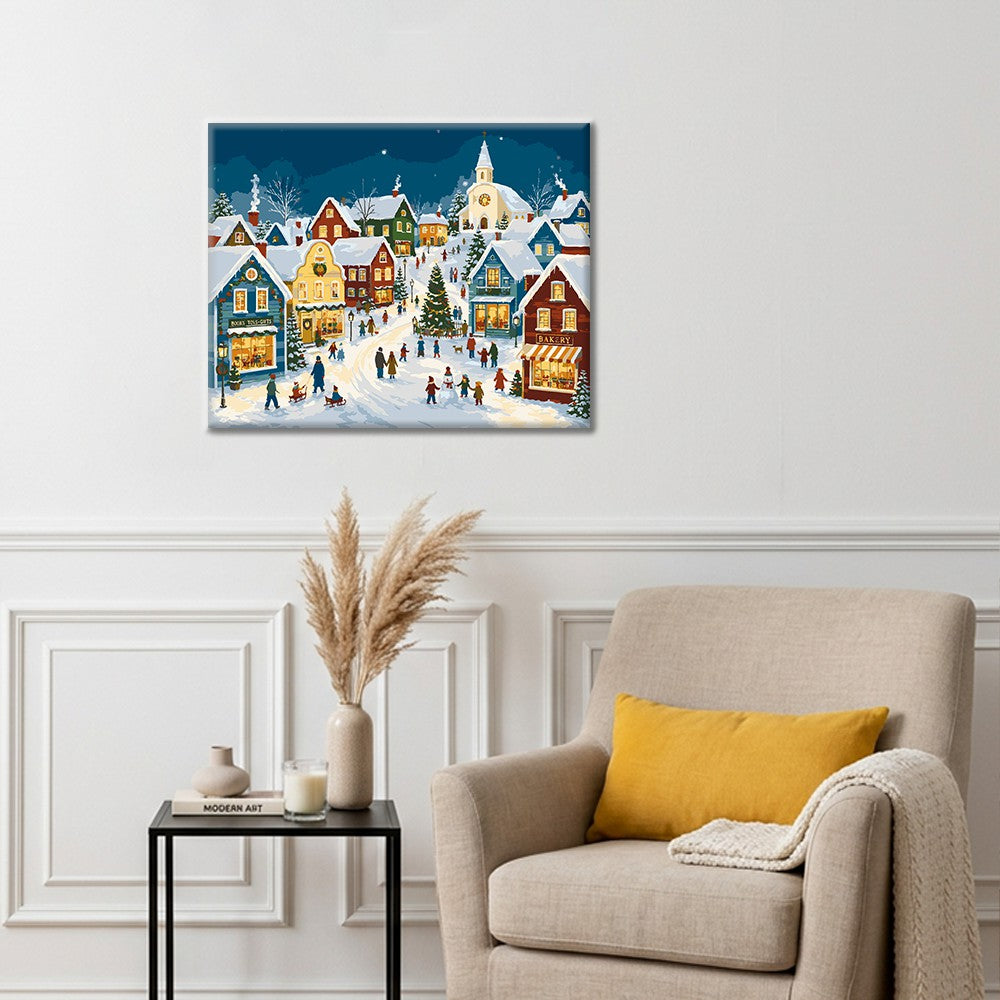 Pueblo navideño nevado – Pintura por números