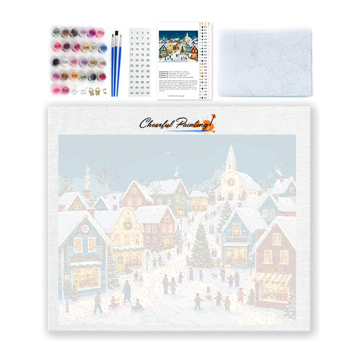 Pueblo navideño nevado – Pintura por números