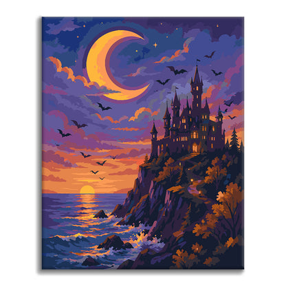 Castillo iluminado por la luna sobre el mar – Pintura por números