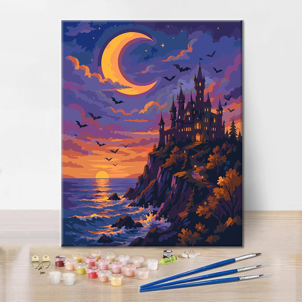 Castillo iluminado por la luna sobre el mar – Pintura por números