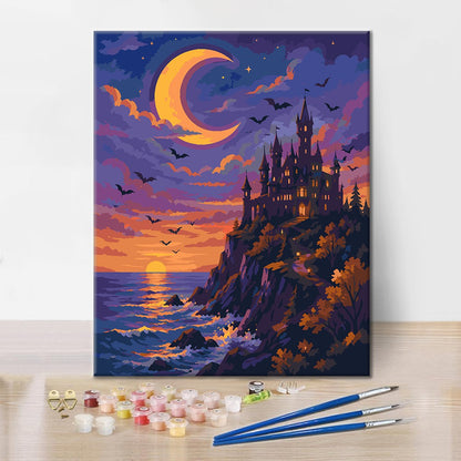 Castillo iluminado por la luna sobre el mar – Pintura por números