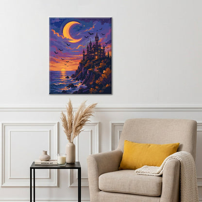 Castillo iluminado por la luna sobre el mar – Pintura por números
