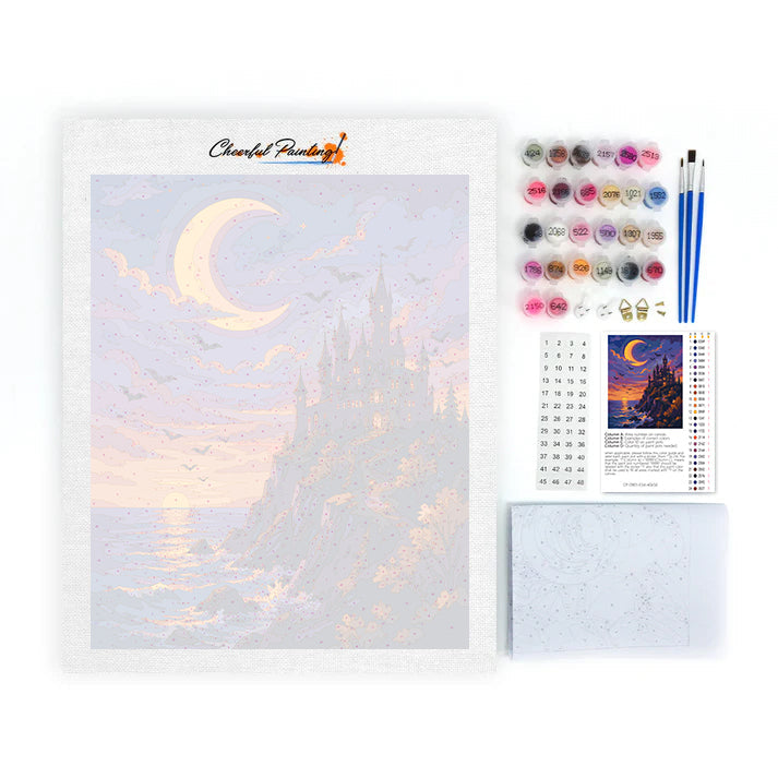 Castillo iluminado por la luna sobre el mar – Pintura por números