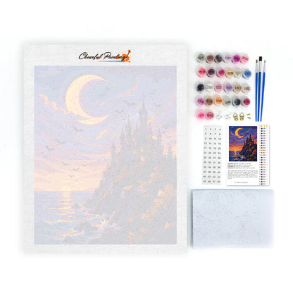 Castillo iluminado por la luna sobre el mar – Pintura por números