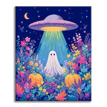 OVNI y fantasma en un campo de flores – Pintura por números