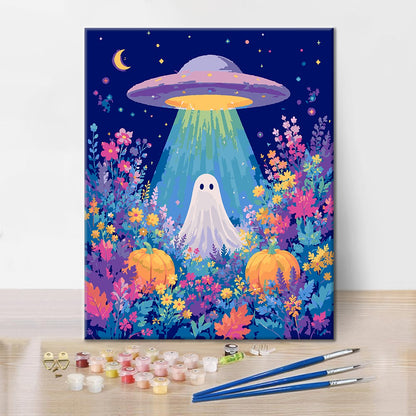 OVNI y fantasma en un campo de flores – Pintura por números