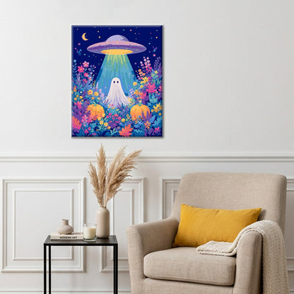 OVNI y fantasma en un campo de flores – Pintura por números