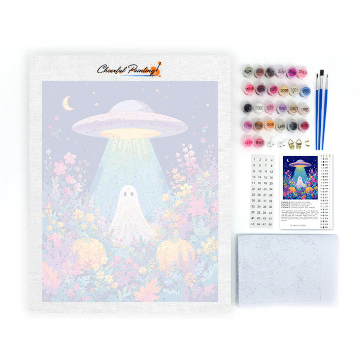 OVNI y fantasma en un campo de flores – Pintura por números