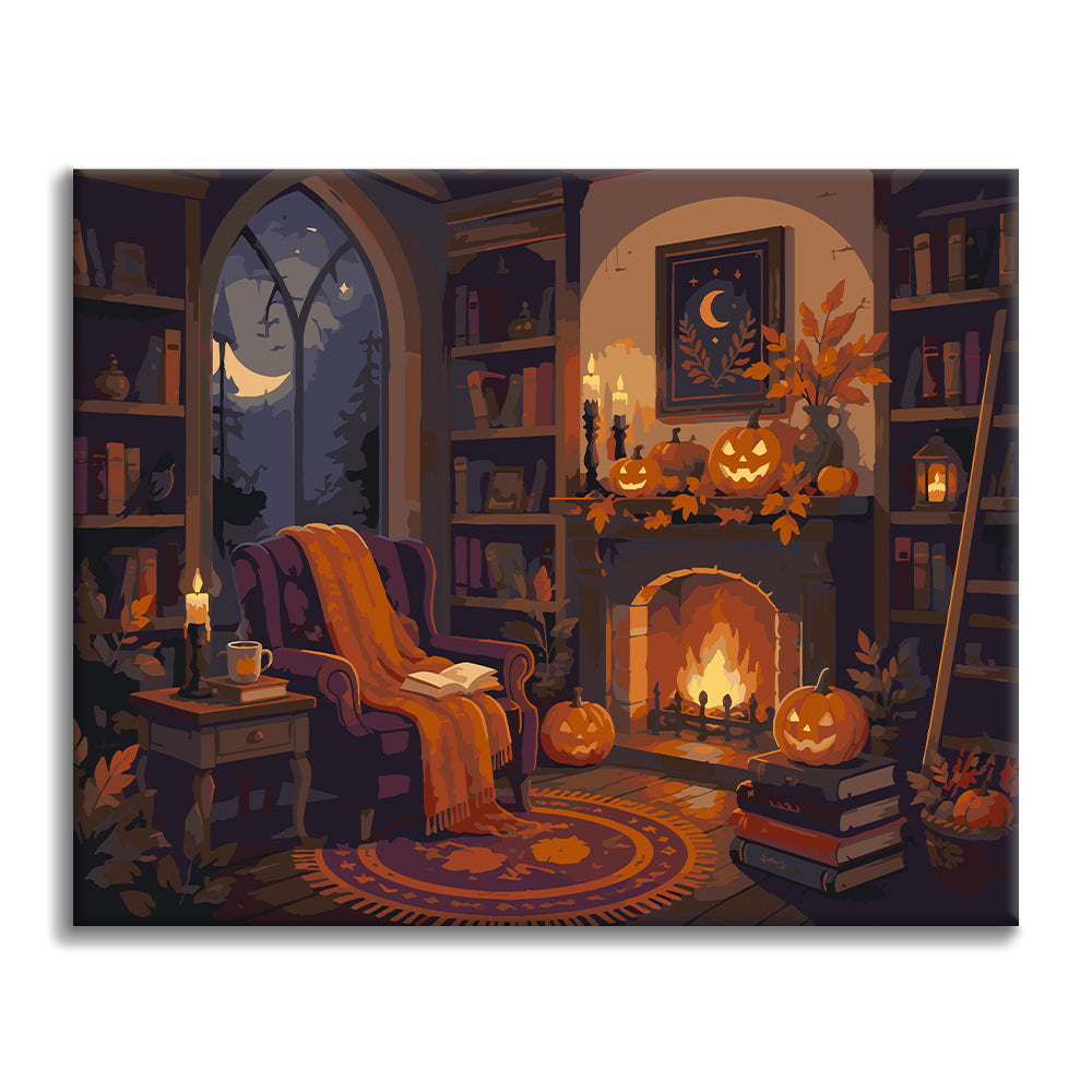 Acogedora biblioteca de Halloween – Pintura por números