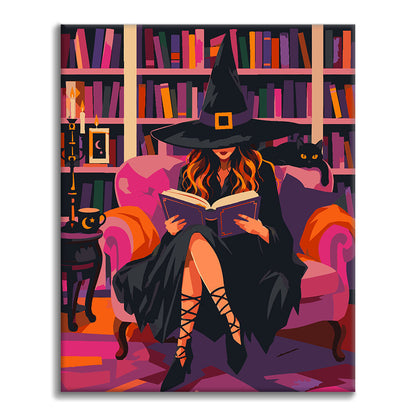 Lectura de brujas en una biblioteca rosa – Pintura por números