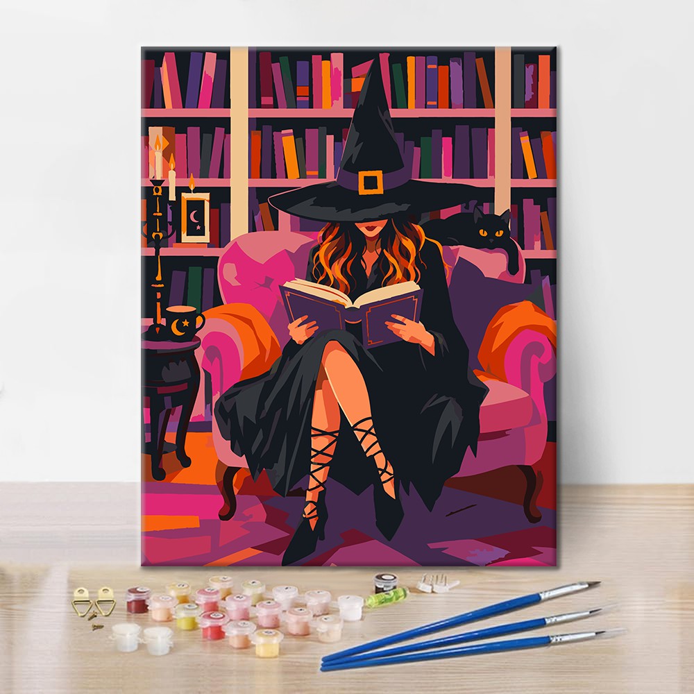 Lectura de brujas en una biblioteca rosa – Pintura por números