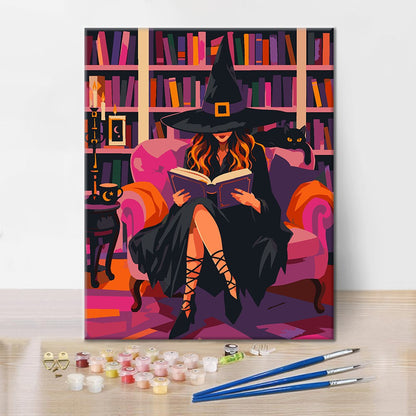 Lectura de brujas en una biblioteca rosa – Pintura por números