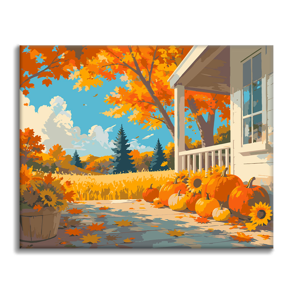 Calabazas en un porche de otoño – Pintura por números