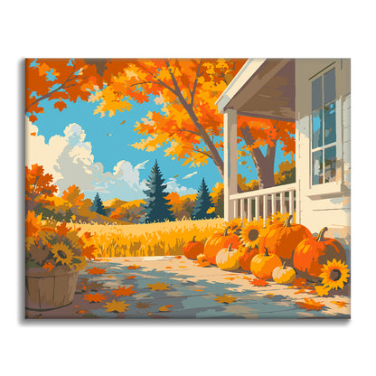 Calabazas en un porche de otoño – Pintura por números