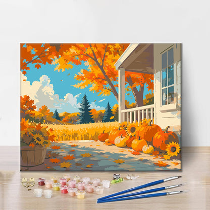 Calabazas en un porche de otoño – Pintura por números