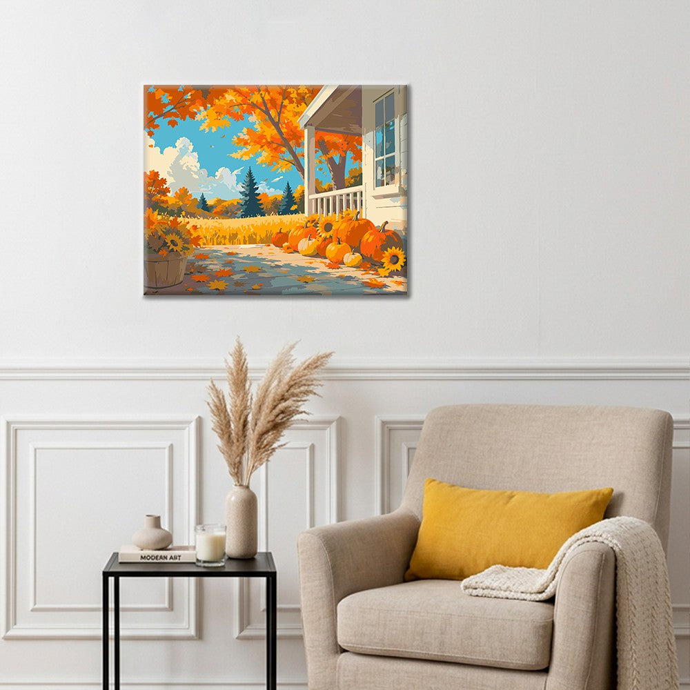 Calabazas en un porche de otoño – Pintura por números