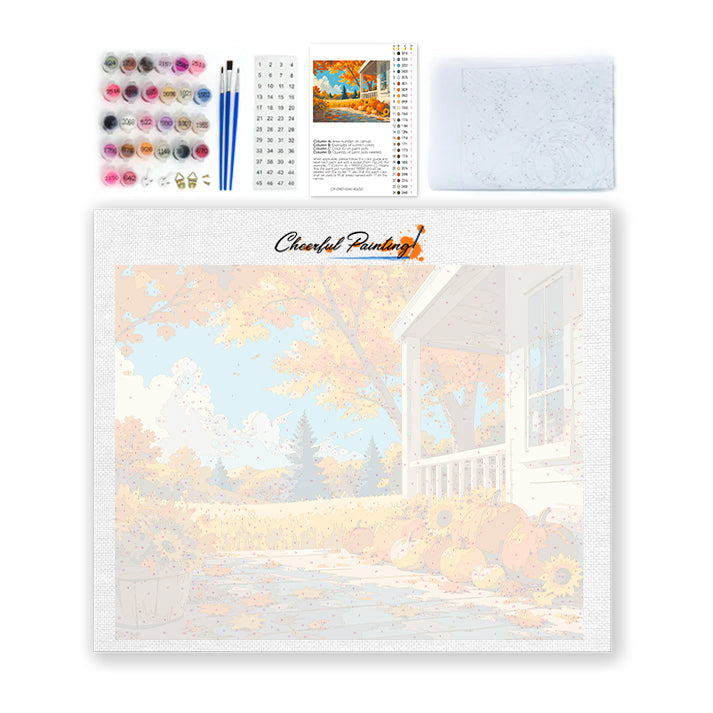 Calabazas en un porche de otoño – Pintura por números