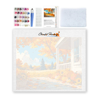 Calabazas en un porche de otoño – Pintura por números